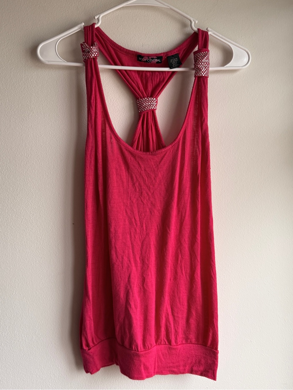 Body Central Hot Pink Y2K Rhinestone Accent Racerback Tank Size L Stretchy